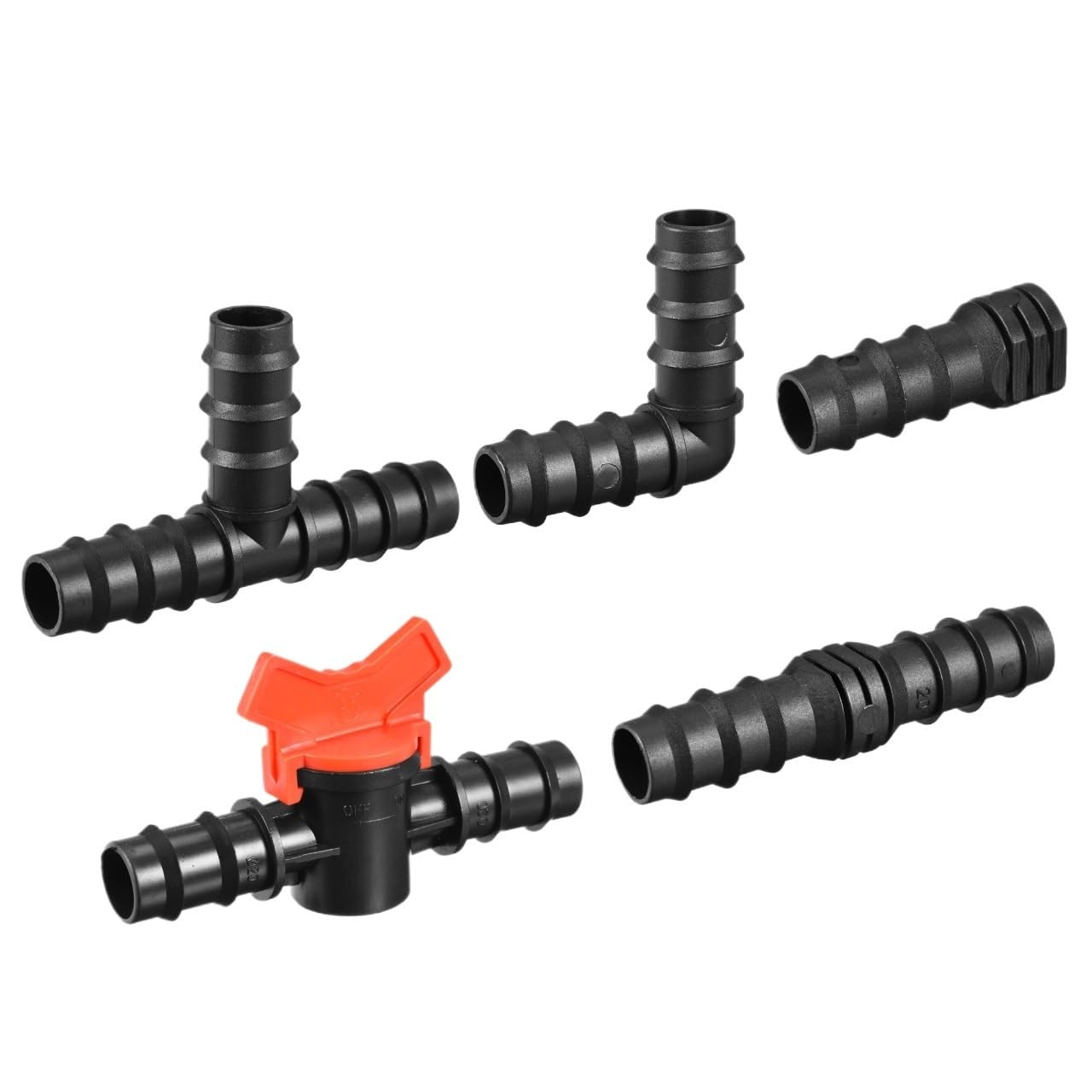 Kit di raccordi for irrigazione da 8 pezzi, attacco da 19,5 mm, for tubi di gocciolamento da 3/4 di pollice, 8 attacchi dritti, 8 attacchi a T, 8 gomiti, 8 tappi terminali, 2 valvole a sfera.
