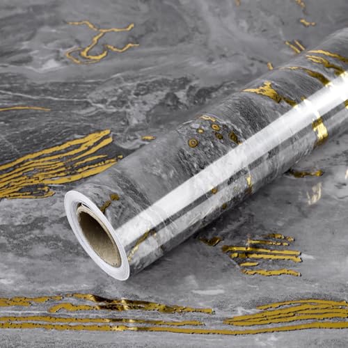 Image of AuraCyzirine Grey Gold Marble Wallpaper Peel and Stick,Self Adhesive Glossy Marble Effect Wallpaper Roll,Waterproof Vinyl Film for Kitchen Countertop,Furniture,Walls,Bedroom,Living Room,30cm x 200cm