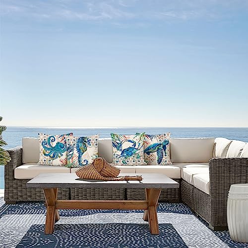 Bonhause Sea Turtle Throw Pillow Covers 18 X 18 Inch Set Of 4 Coastal Ocean Seahorse Octopus Decorative Pillow Cases Polyester Linen Cushion Covers For Sofa Couch Bedroom Home Decor #TOP3