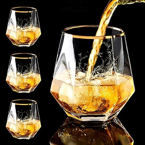 Diamond Whiskey Glasses, 4 PCS Rocks Glasses Gold Banded Cocktail Drinkware for Rum, Scotch or Wine Glasses, Tumblers Old Fashion Elegant Glass Unique Christmas New year Father's Day Gifts (Clear)