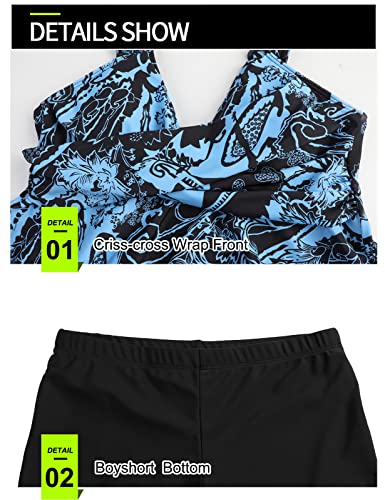 Seaform Women's Tankini Bathing Suits Two-Piece Tummy Control Swim Dress High Waist Printing Padded Swimsuits With Boyshorts Dark Blue #TOP3