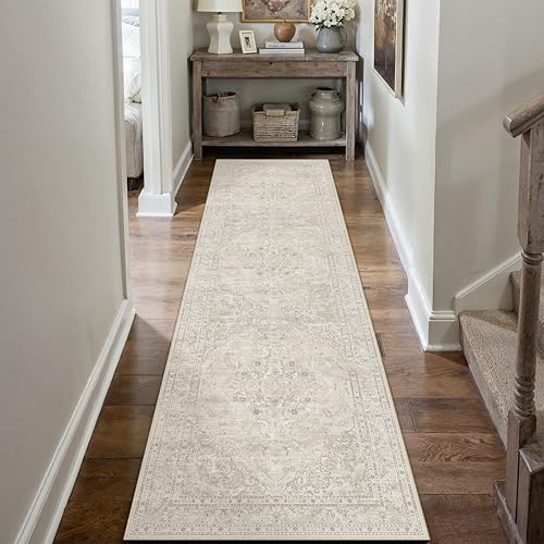 Beige 2x8 Runner Rug Washable Vintage Long Carpet for Hallway Kitchen Soft Retro Floral Low Pile Indoor Runner Non Slip Central Medallion Throw Rug for Bathroom Bedroom Laundry Dining Room 2