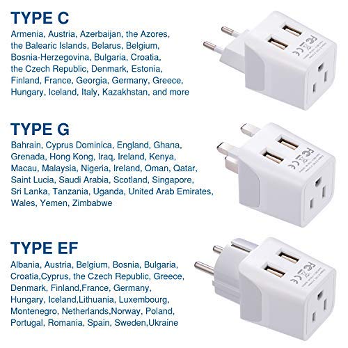 Image of Ceptics Complete European Set Travel Adapter Plug by Ceptics With Dual USB - Type G, E /F, C - London - USA Input - Light Weight - Perfect for Cell Phones, Chargers, Cameras and More - 3 Pack