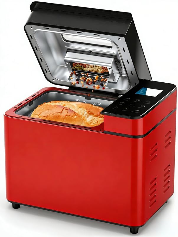 BM90125-IN-1 Automatic Bread Machine for Kitchen | 2lb Size with Visible Lid, Auto Nut Dispenser, One-Touch Display, 13-Hour Delay Timer & Recipes – Easy to Use, High Success for Homemade Bread. Red