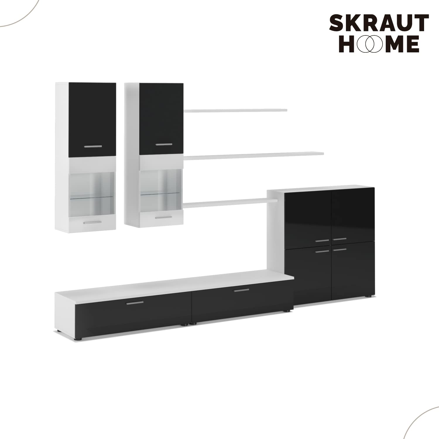Skraut Home | Ensemble de Meubles Salon TV | unité Murale | Salle à Manger | Ensemble de séjour | ilumination LED | Couleur Noir laqué et Blanc Mate | 300x189x42cm