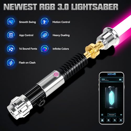 ELESKOCO Smooth Swing Lichtschwert mit APP, Infinite 16 Farben Duell Lichtschwert mit 16 Sound Fonts - Motion Control Blau Lichtschwerter Premium-Metall-Griff für Erwachsene Teens Gesche