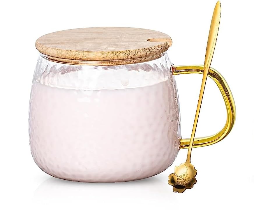 Image of KELVEE Glass Coffee Mugs with Wooden Lid and Spoon Set of 2, Clear Wide Mouth Morning Breakfast Tea Cups for Milk, Cereals, Oats, Yogurt (450ml)