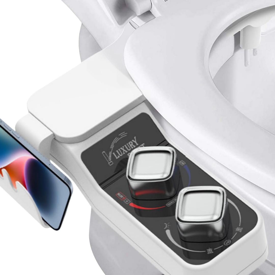 Bidet Attachment for Toilet, Hot and Cold Water Non-Electric Self Cleaning Dual Nozzle(Frontal/Rear Wash) for Bidet Toilet Seat, Adjustable Water Pressure, Extra Phone Holder for Bathroom