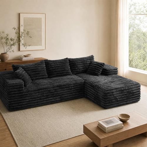 Image of 2 inch Corduroy Boneless Couches for Living Room, L Shape Sofa with Chaise | 102.4 inch Modular Sectional Sofa, Cloud Couch Sectional with Deep Seat, No Assembly, Black, Right Chaise