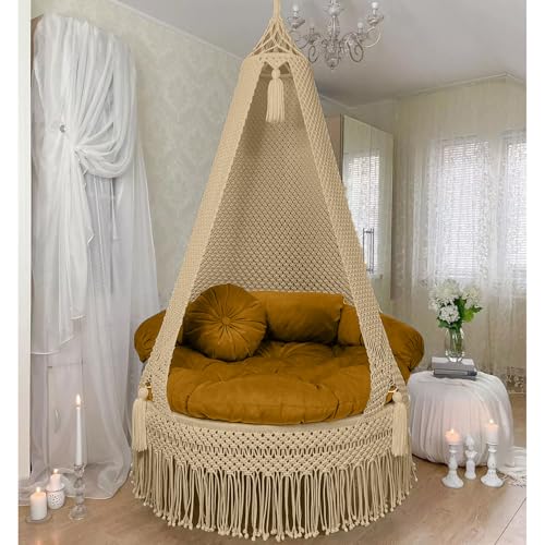 Image of KAAHIRA Bohemian Macrame Hanging Swing Chair- Aesthetic Cotton Rope Hammock for Indoor & Outdoor - Patio, Balcony, Bedroom, Living Room, Garden-Kids, Adults & Pets - Boho Decor (Beige)