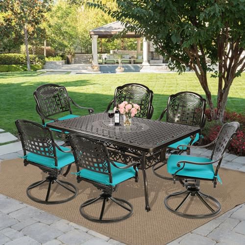 Image of MEETWARM 7-Piece Outdoor Patio Dining Set, All-Weather Cast Aluminum Patio Conversation Set with 6 Cushioned Swivel Rocker Chairs for Backyard Garden Deck, 1 Rectangular Table, Ocean Blue