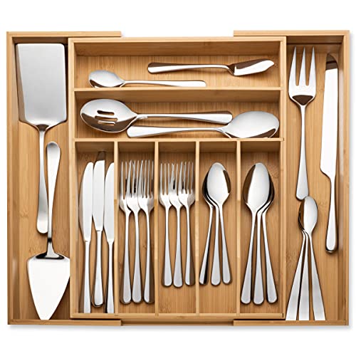 ChellyHomes Bamboo Expandable Silverware Holder, Adjustable Cutlery Organizer, Wood Organizers Tray for Flatware, Knives and Utensils - Fits Most Drawers (9 Slots)