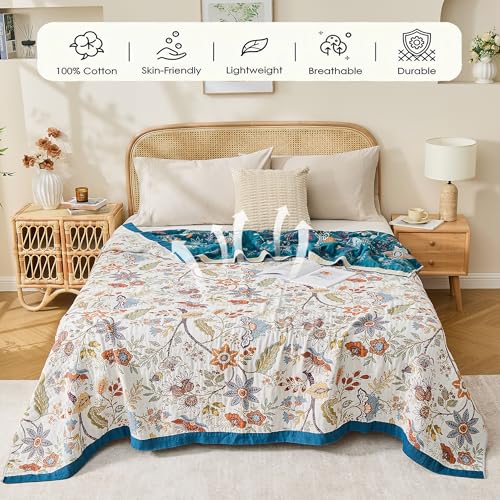 Image of VANJOROY Boho Throw Blanket, 100% Organic Cotton Breathable Ultra Soft 91 inch x 108 inch King Bed Quilt Throw - All Season Floral Rustic Farmhouse Decor Luxury Blanket for Sofa Couch Chair and Gift