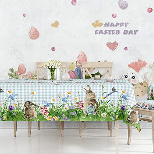 Sunwisha Easter Day Tablecloth Waterproof Fabric Cute Bunny Blue Buffalo Check Rectangle Table Cloth 60X84Inch Happy Spring Party Dinning Room Table Decoration Cloth, Blue And White #TOP2