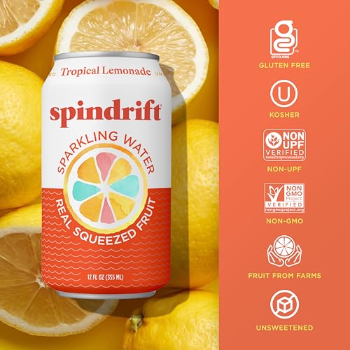 Image of Spindrift Sparkling Water, Tropical Lemonade Flavored, Made with Real Squeezed Fruit, 12 Fl OZ Cans, Pack of 24 (Only 13 Calories per Can)