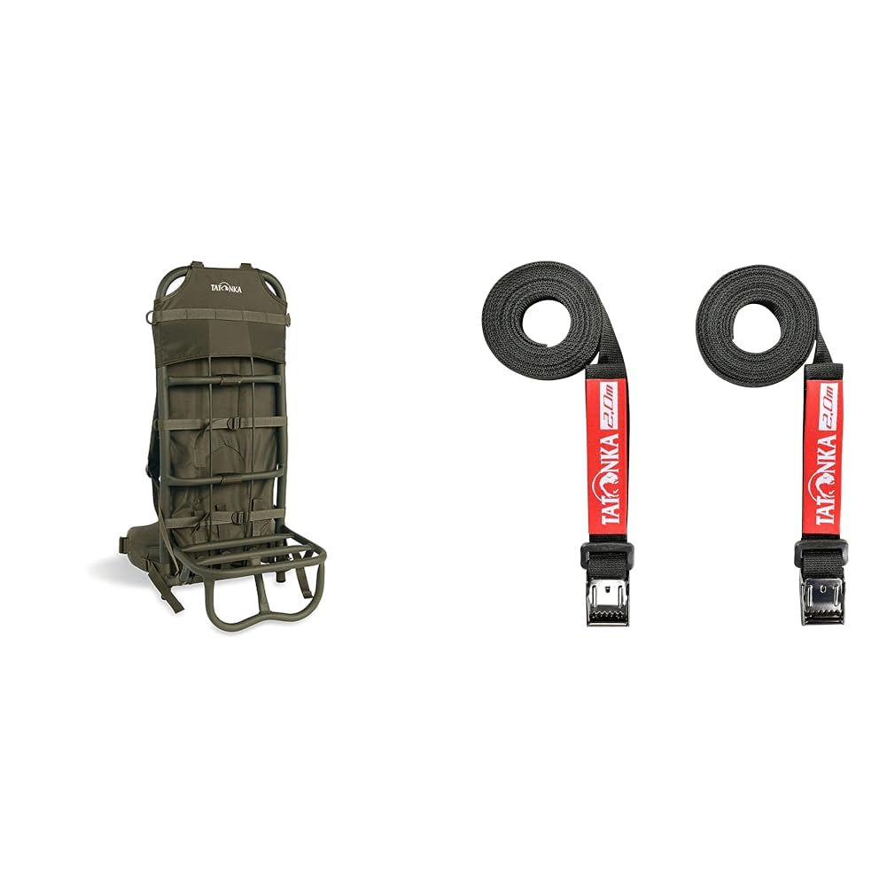 Tatonka Kraxe z regulowanym systemem nośnym do transportu ciężkich ładunków do 50 kg & Tatonka Pasek do pakowania Easy Strap 18 mm/2 m (2 sztuki) – dwa pasy mocujące z metalową klamrą