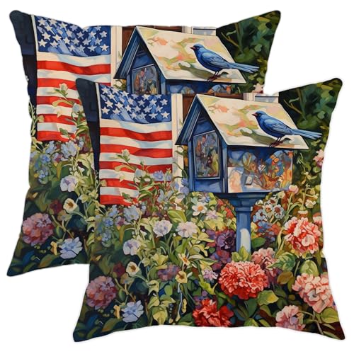 Federa per cuscino da giardino, bandiera americana, cottage, cassetta postale, uccello, fiore, piante, paese, colorato, in morbido velluto, con cerniera, per interni ed esterni, sedia da ufficio
