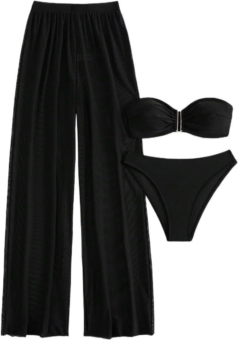 Wocrolse Women's High Waisted Bandeau Bikini Set with Cover Up Pants 3 Piece Swimwear for Summer Beach