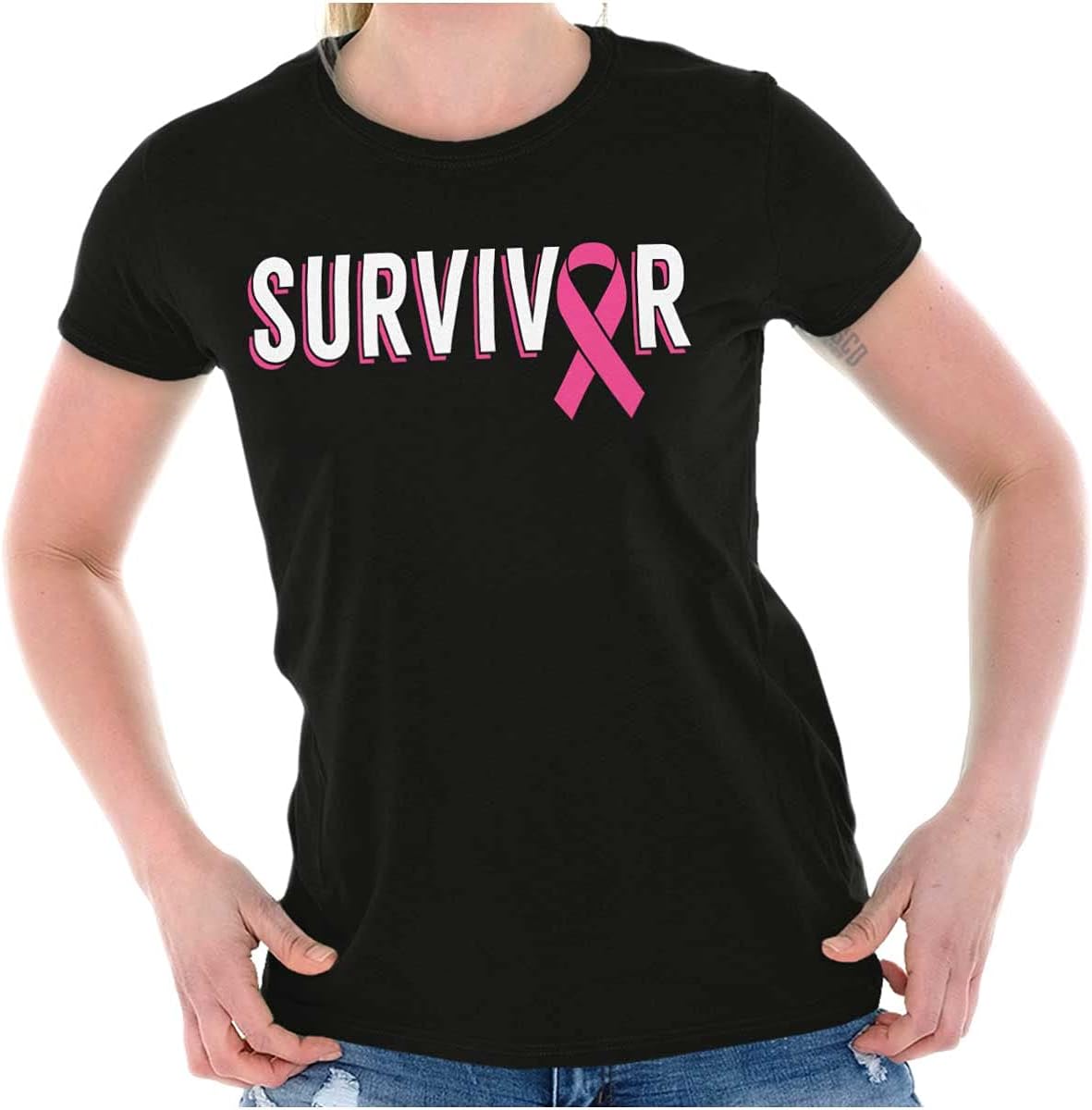 Breast Cancer Survivor Pink Ribbon Womens Slim Fit Graphic Tee