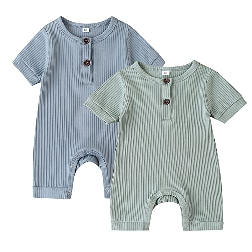 Image of LUZOZEZO Infant Baby Boy Girl 2 Pack Solid Romper Ribbed Knit Short Long Sleeve One Piece Jumpsuit Clothes Sets…