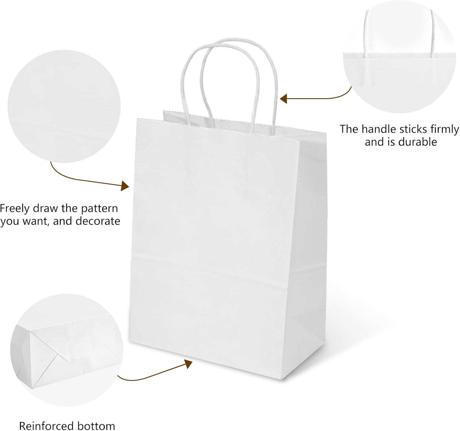 TOWRAP White Gift Bags 100Pcs 8 x 4.25 x 10.5 Inch Paper Bags With Handles, Bulk, Party, Retail, Merchandise, Favor Bags for Versatile Occasions