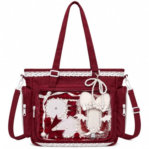Ita Bag for Women, Cute Anime Pin Display Tote with Clear PVC Window, Kawaii Shoulder Bag with Lace Trim, Multi-Pocket Crossbody Purse for Cosplay, Convention, Travel, School, Wine Red