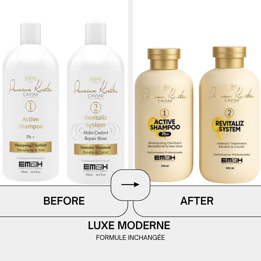 Premium Keratin Caviar Kit Lissage Brésilien - Soin lissant à la kératine - Lisse, réduit les frisottis, apporte brillance et souplesse (2 x 500 ml)