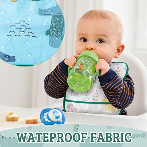 Zainpe 5Pcs Snap Baby Bibs for Boys Girls 6-24 Months Waterproof Stain Resistant Feeding Bib with Food Catcher Pocket4