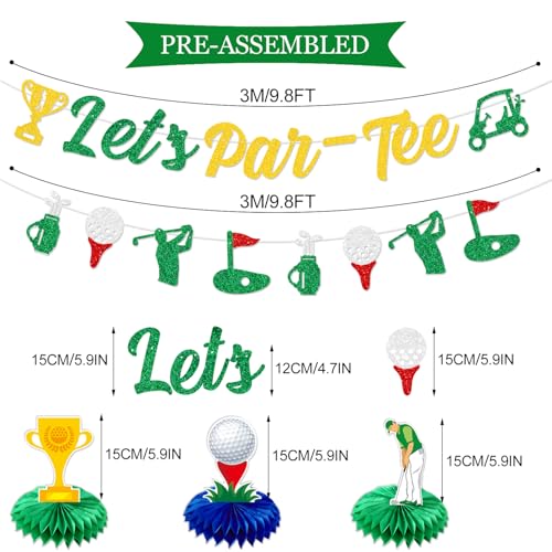 Let's Par-Tee Banner Golf Party Decorations Hanging Swirls Golf Honeycomb Centerpieces Golf Themed Birthday Banner Decorations Retirement Party Decor for Golf Lover Par-Tee Time Birthday Baby Shower Decoration by PTFNY - Used condition - Image 2