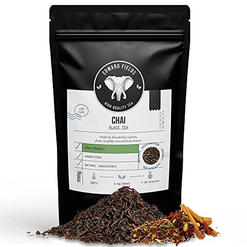 Edward Fields Tea ® - Té Negro Chai Latte orgánico a granel. Té bio recolectado a mano con ingredientes y aromas naturales y ecológicos. India. 100g / 50 tazas