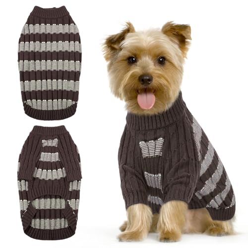 Hjumarayan Hundepullover Kleine Hunde - Pullover Hund mit Geschirrloch, Warm Hunde Strickpullover Winter mit Beinen, Pit-Streifen Hundepulli für Malteser, Zwergpudel, Braun S