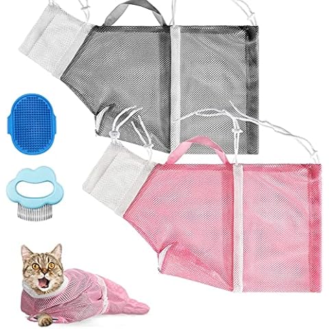 Cat Shower Net Bag, Cat Bath Bag Breathable Multifunctional Adjustable Anti-Bite and Anti-Scratch Restraint Bag Cat Grooming Bag With cat comb and grooming brush for Bathing/Nail Trimming/Ear Clean Cover