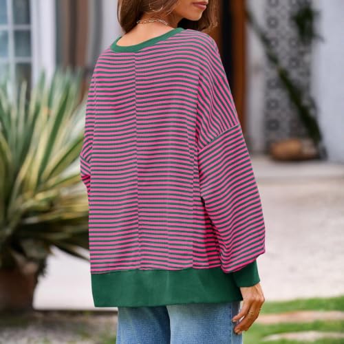 Womens Striped Long Sleeve Shirt Waffle Knit Crewneck Oversized Sweatshirt - image 6