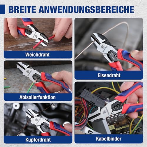 WORKPRO Seitenschneider Abisolierzange 2-in-1 Multifunktionale Zange Drahtschneider 200mm zum Abisolieren Kabelschneiden für harte, weiche Drähte