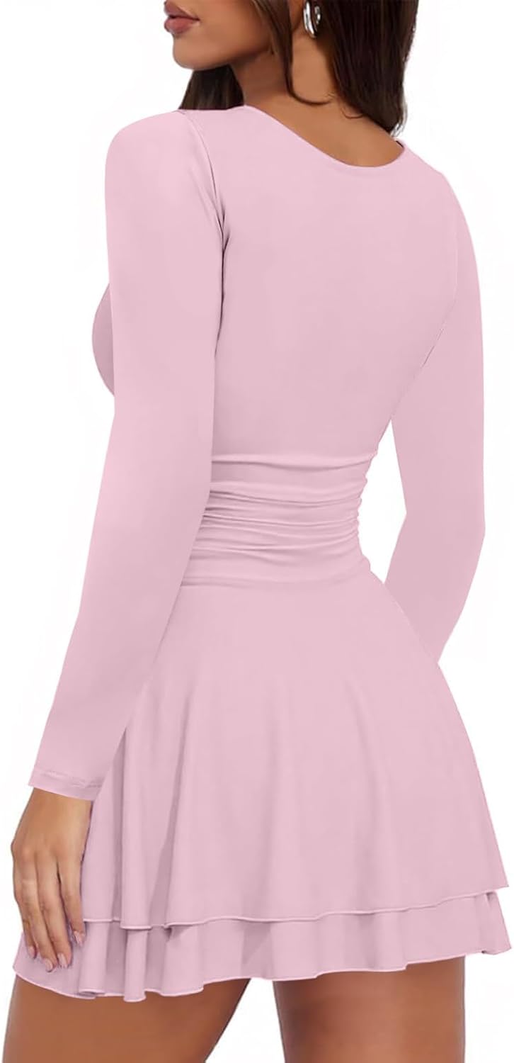 Women's Square Neck Mini Dress Long Sleeve Ruffle Hem Corset Ruched Waist Short Party Dresses - Image 2