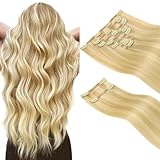 Picture of HOTBANANA Clip in Hair Extensions Real Human Hair, 150g 9pcs 24 inch Light Blonde Highlighted Golden Blonde Straight Remy Clip in Extensions Full Head for Women