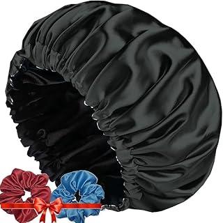 Satin Bonnet Sleep Cap Extra Large Hair Bonnet for Sleeping Double Layer Reversible Hair Cap for Women Natural Curly Hair, comes with 2 Scrunchies as a Gift-multicolor