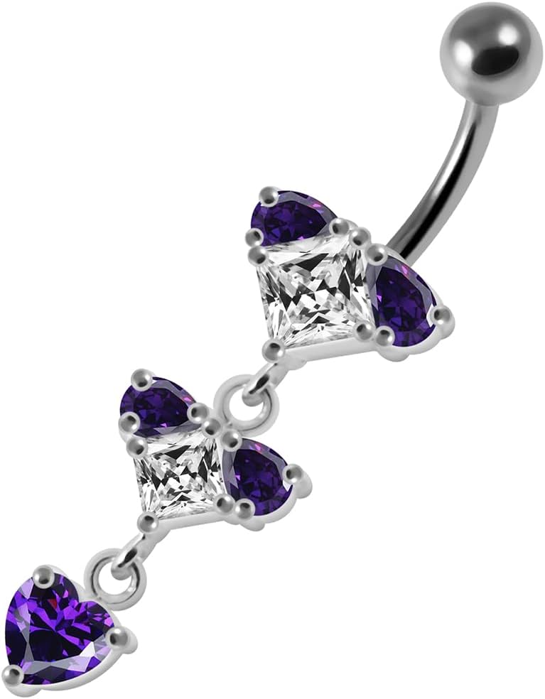 Stylish Triple Heart Shape Dangling Design 925 Sterling Silver with Stainless Steel Belly Ring - Belly Button jewelry - Navel jewelry