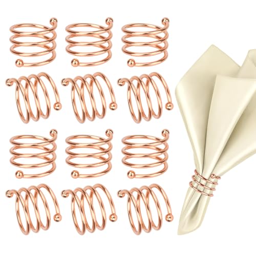 Rose Gold Napkin Rings Set of 12, Round Metal Napkin Ring Cloth Holder Rings Gold Halloween Fall Thanksgiving Christmas Valentine Thankful Napkin Rings Coffee Dining Wedding Table Decor