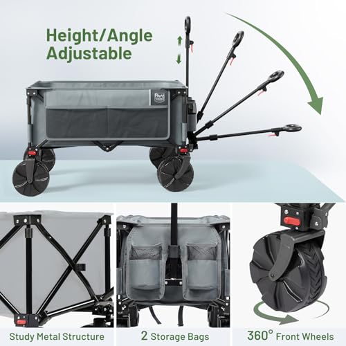 Timber Ridge Outdoor Collapsible Wagon with Brakes Utility Folding Cart Heavy Duty All Terrain Wheels for Shopping Camping Garden with Side Bag and Cup Holders, Grey by TIMBER RIDGE - Image 3