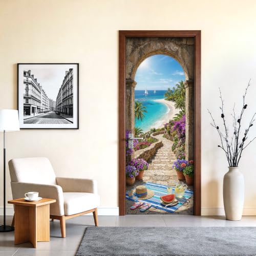 Image of Stone Arch Door Mural, Ocean View Door Cover, 30.3x78.7in
