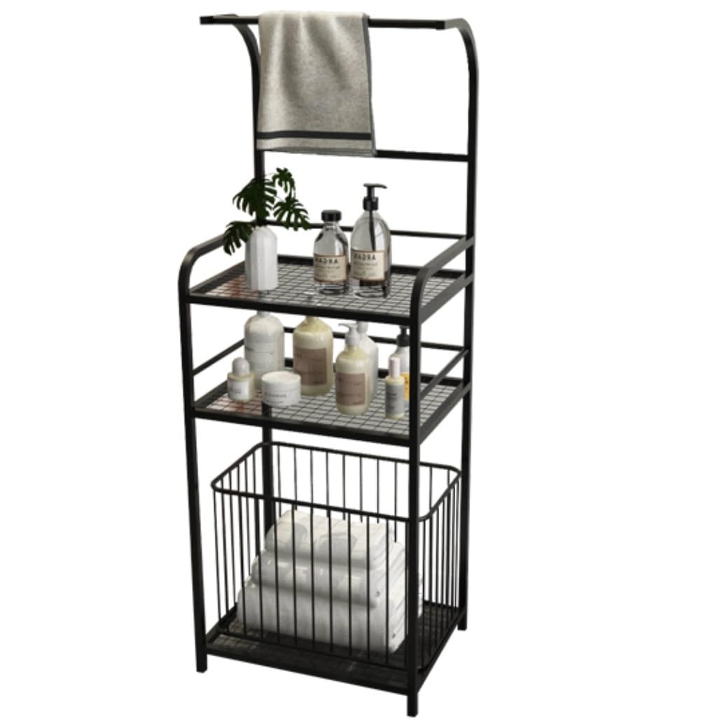 Freestanding Towel Rack Bedroom Metal Towel Stand With 2-tier Storage Shelf Standing Rack With Laundry Hamper Basket Washcloths Holder Stand(Black)