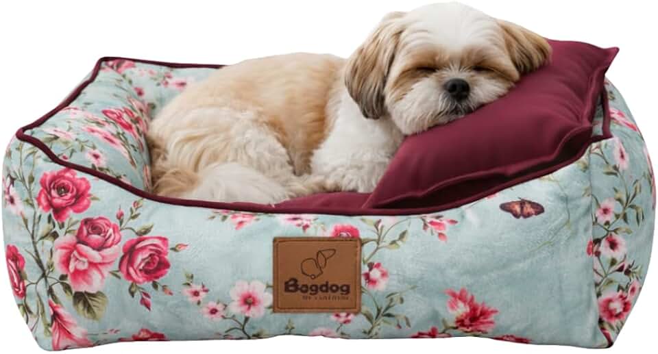 Cama Pet Grande, Para Cachorro e Gato, Lavavel, Com Ziper, Modelo Quadrada, Estampa Floral, Com Almofadinha + Jogo Americano, Bagdog - Tamanhos P/M/G (Grande)