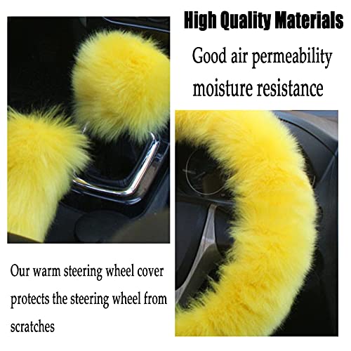 Yslsloo 4Pcs Set Fluffy Steering Wheel Covers With Handbrake Cover & Gear Shift Cover & Plush Keychain Steering Wheel Cover For Women Furry Car Accessories Universal Fit 14.96Inch (Yellow) #TOP1