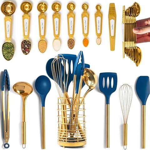 Styled Settings 15-Piece Blue and Gold Kitchen Utensil Set with Holder – 7-Piece Silicone Cooking Tools, 8-Piece Magnetic Measuring Spoons Set – Heat-Resistant, Nonstick, BPA-Free Cover