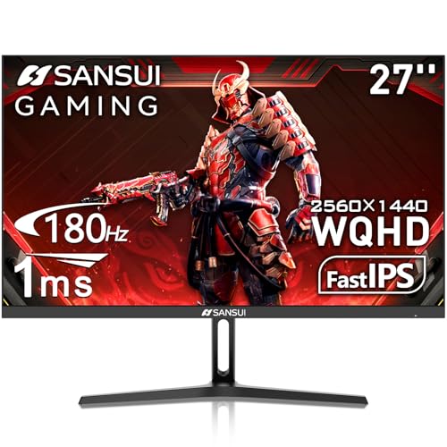 SANSUI 27 Inch WQHD 2560 x 1440 IPS Gaming Monitor, 180Hz 1ms Computer Monitor, DP 1.2 x2 | HDMI 2.0 x2 | VESA Mount, 120% sRGB HDR Eye Care Metal Stand (DP Cable Included)