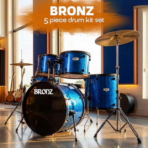 Image of ARCTIC COSMOS 5 Piece Complete Acoustic Drum Kit /Drumset with drumsticks, Cymbals and throne - With Hardware. Best Sounding shells, most durable build. (Blue)