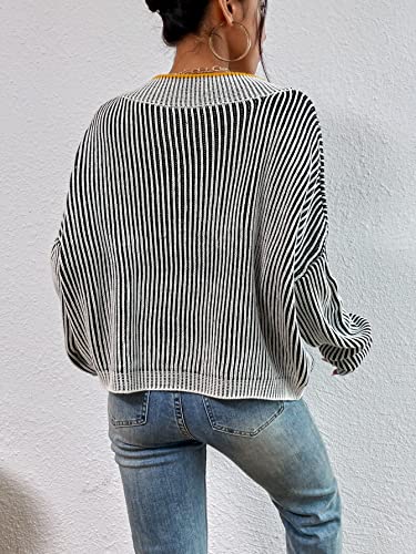 Makemechic Women's Oversized Striped V Neck Sweater Long Sleeve Knitted Pullover Top Multicolor M #TOP1