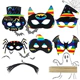 24Stk Halloween Scratch Art Masken Mit Bungee-Cord und Holzgriffel,Rainbow Scratch Paper Kinder Halloween-Dekoration ,Perfekt für Kinder und Erwachsene Jeden Alters