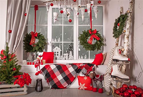 Laeacco Christmas Backdrop Vinyl 10x8ft Indoor Windowsill Red Black Checked Scarf Xmas Tree Hanging Wreath Red Pillows Ice Skates Ladder Background Xmas Party Banner Child Kids Baby Portrait Shoot